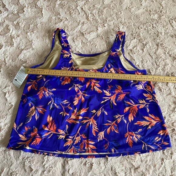 NWT LL Bean Womens 22W Plus Cobalt Blue Tankini Swim Top Coral Floral Padded - Picture 3 of 9